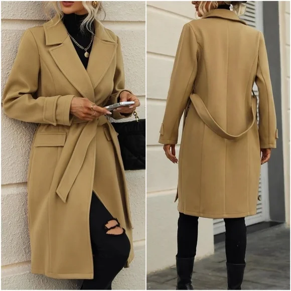 Cozy Tan Khaki Button Belted Jacket Coat - Picture 3 of 3